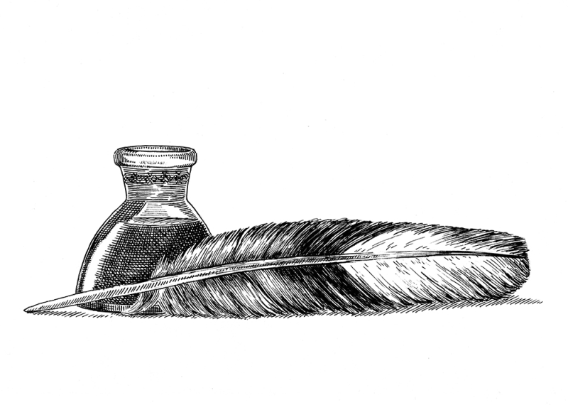 Перо с чернильницей на прозрачном фоне