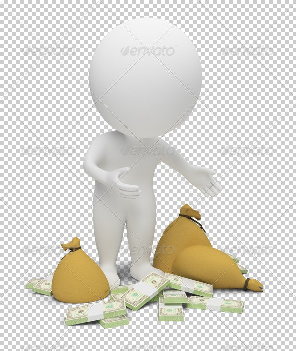 Человечек с деньгами на белом фоне