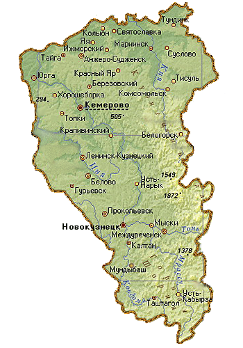 Карта Кемеровской области с городами