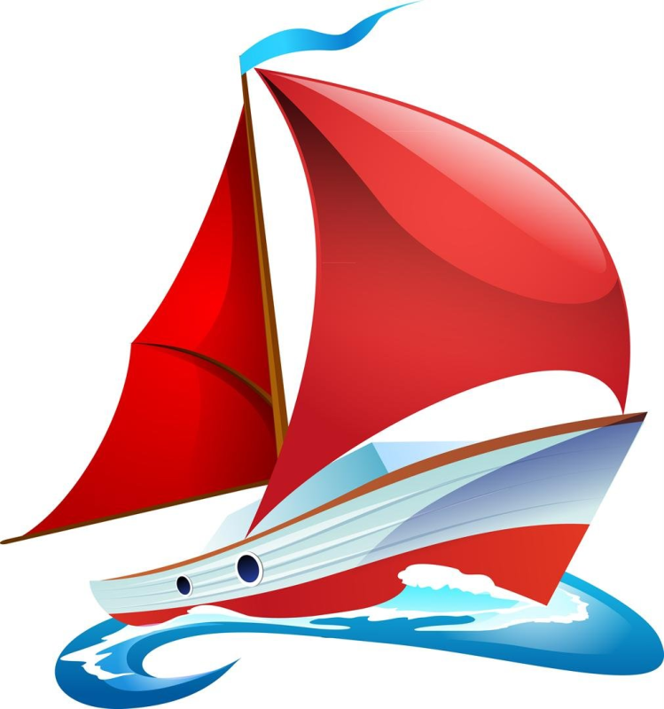 Корабль с алыми парусами на белом фоне
