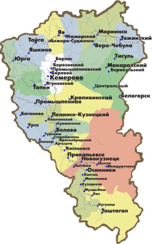 Кемеровская область на карте с городами и поселками подробная