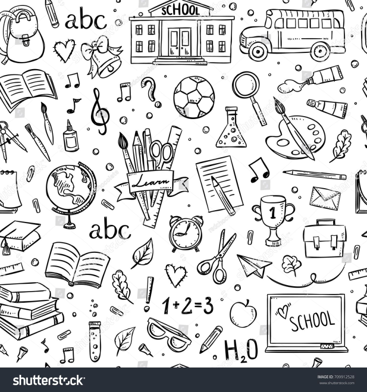 Школьные принадлежности на прозрачном фоне черно белые